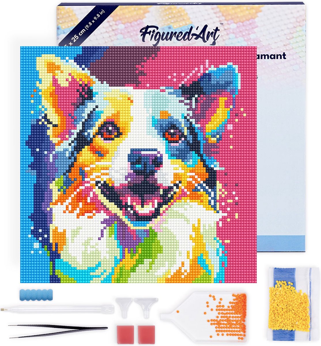 FiguredArt Mini Diamond Painting set Volwassenen 25x25 cm met lijst Honden Abstracte Pop-Art - 5D DIY Art full drill ronde diamant - Canvas al ingelijst